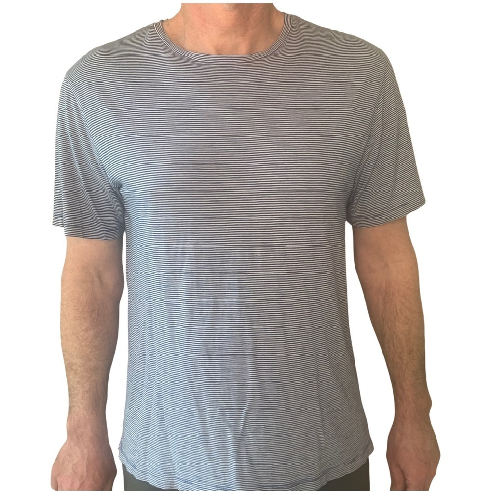 VINCE Striped 100% Pima Cotton Tee Navy Blue White Soft Size Large